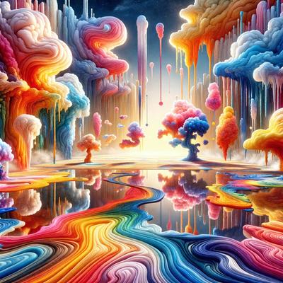 The primary subject of the image is a colorful, surreal landscape featuring a tree and a variety of colorful clouds. The setting is a nighttime sky, and the visual style is a combination of digital art and illustration. The colors and mood of the image are vibrant and whimsical, creating a sense of wonder and imagination.